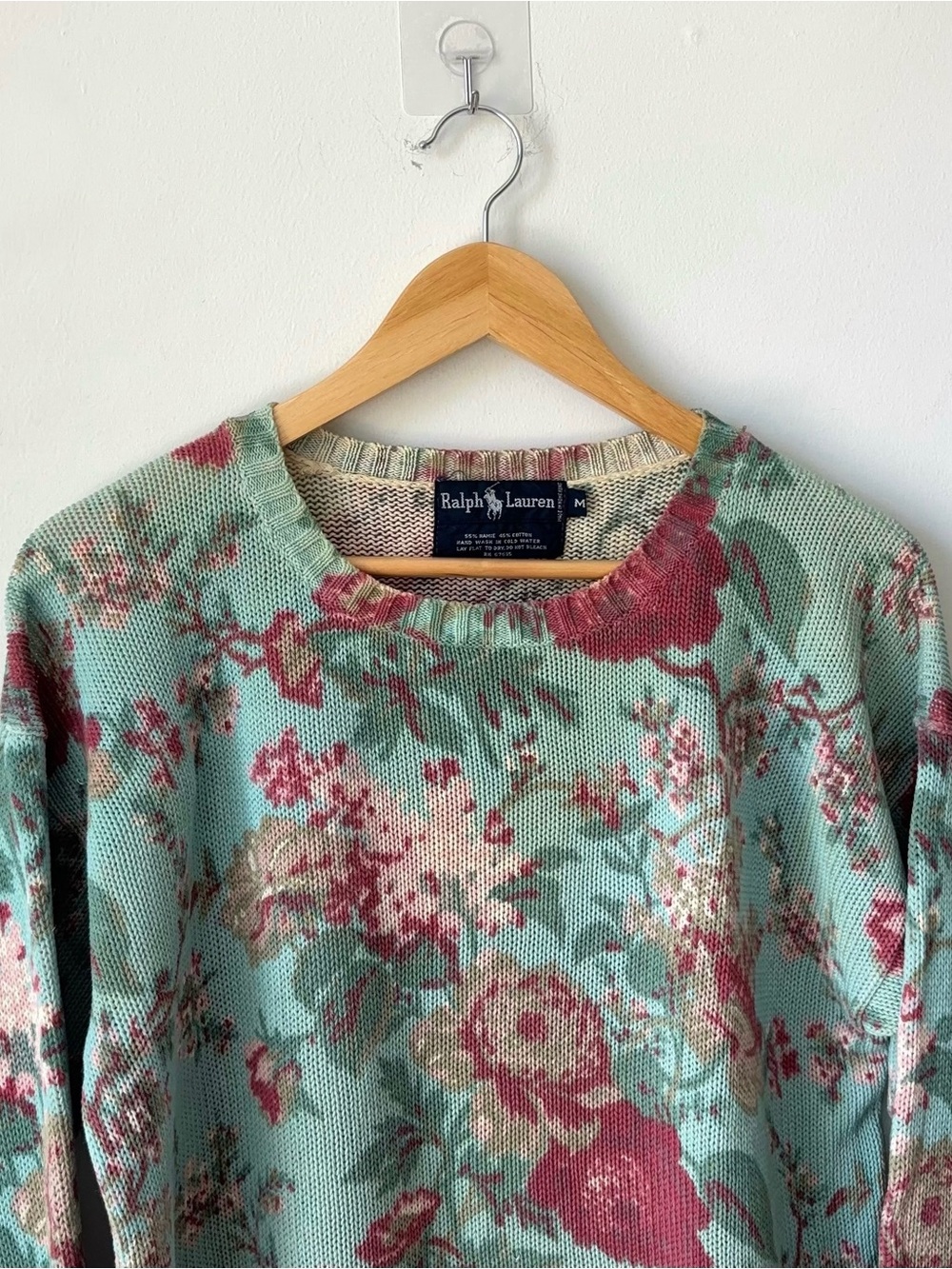 Vintage Ralph Lauren Teal Floral Sweater Size M Ramie Cotton Blend Blue Label - Picture 2 of 12